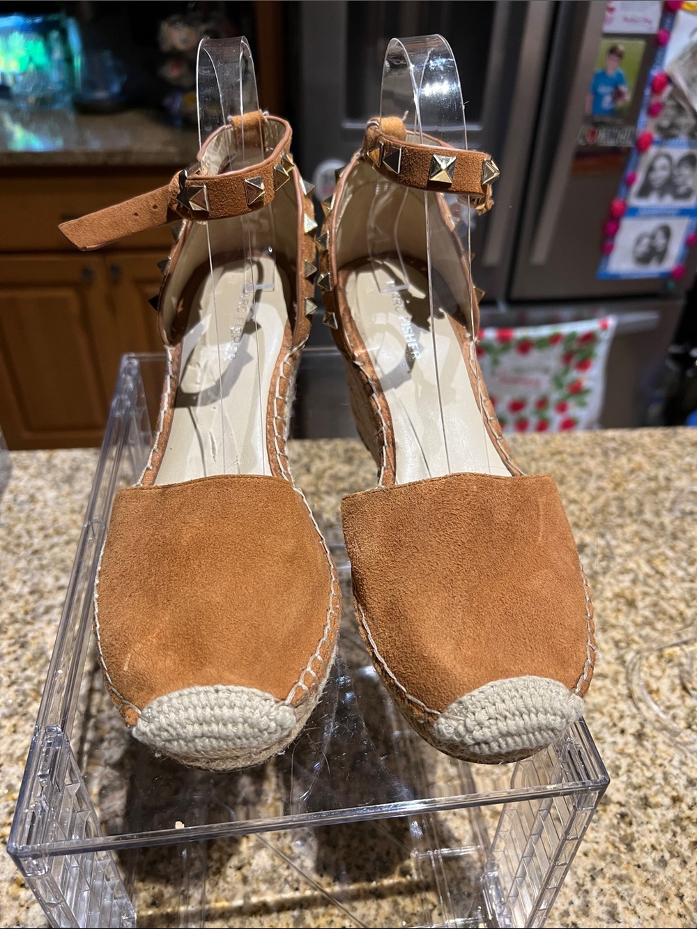 Marc Fisher Tan Suede Ankle-Strap Espadrille Wedges with Gold Studs